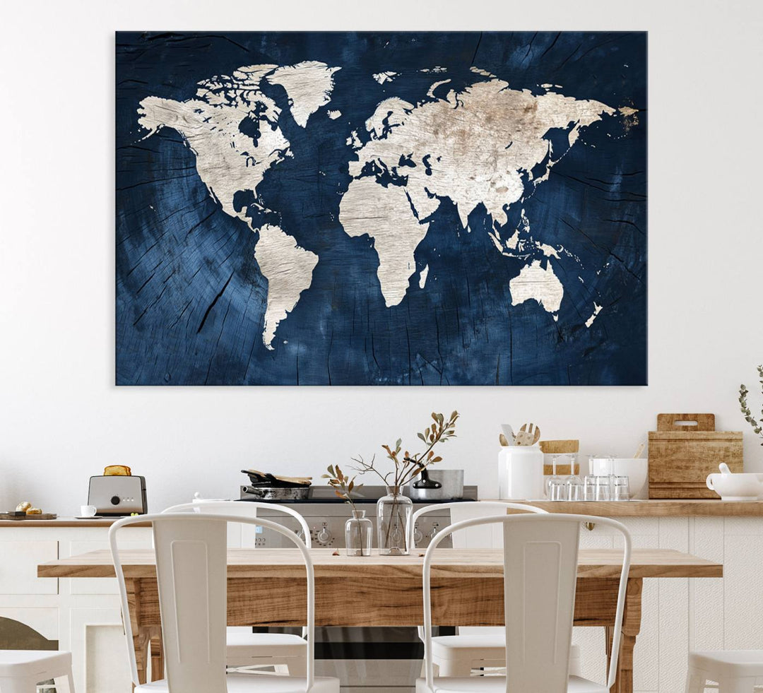 Vintage World Map Canvas Wall Art - Framed Map Print for Office Decor - Decorative Wooden Style World Map