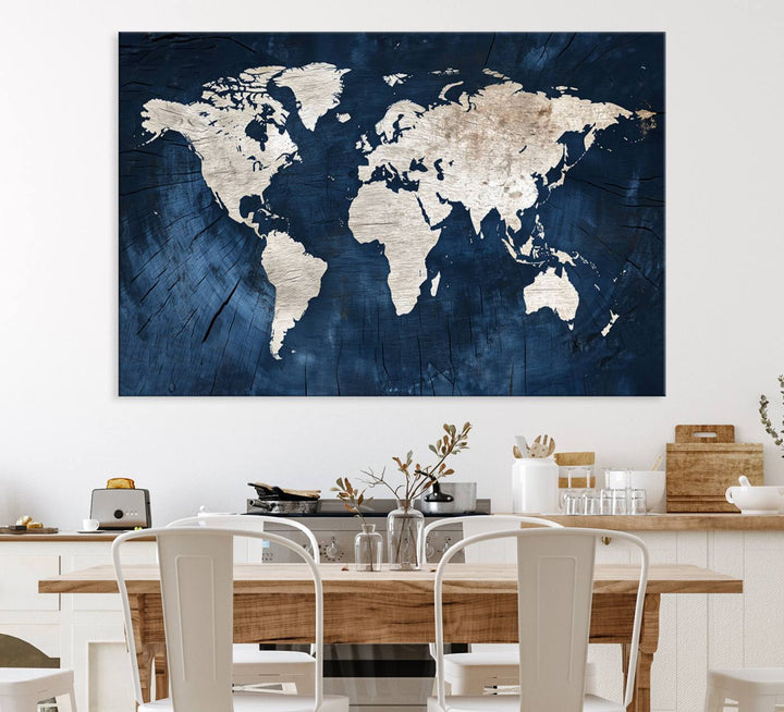 Vintage World Map Canvas Wall Art - Framed Map Print for Office Decor - Decorative Wooden Style World Map