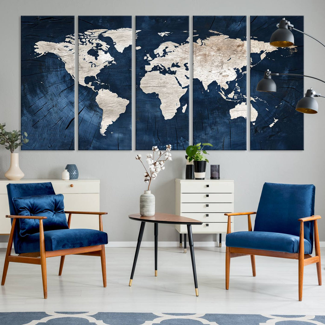 Vintage World Map Canvas Wall Art - Framed Map Print for Office Decor - Decorative Wooden Style World Map