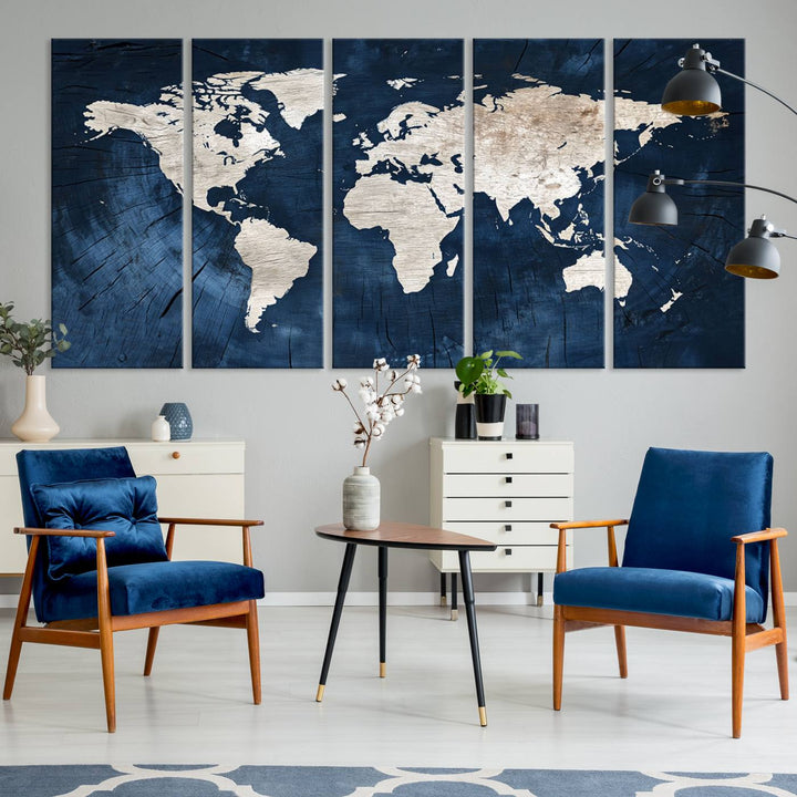 Vintage World Map Canvas Wall Art - Framed Map Print for Office Decor - Decorative Wooden Style World Map