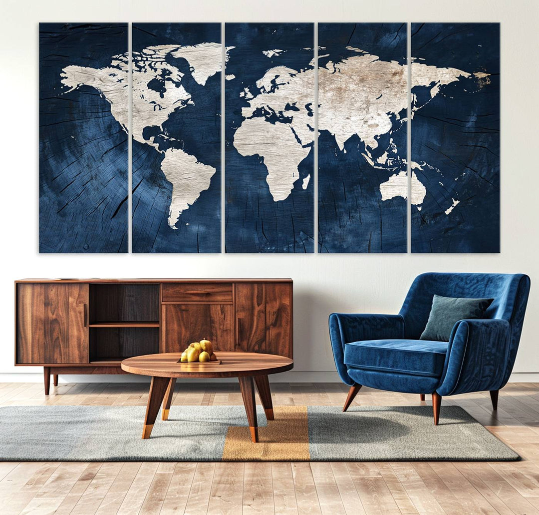 Vintage World Map Canvas Wall Art - Framed Map Print for Office Decor - Decorative Wooden Style World Map