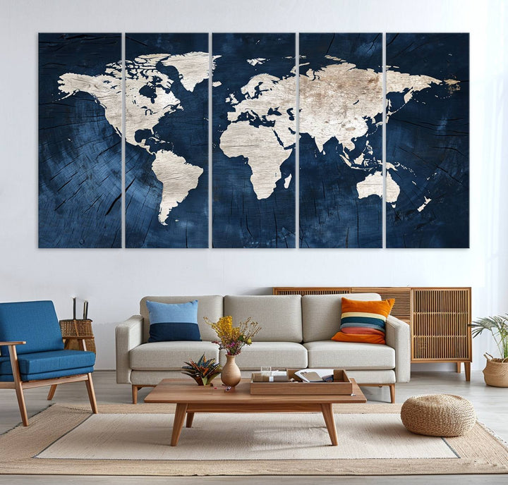 Vintage World Map Canvas Wall Art - Framed Map Print for Office Decor - Decorative Wooden Style World Map