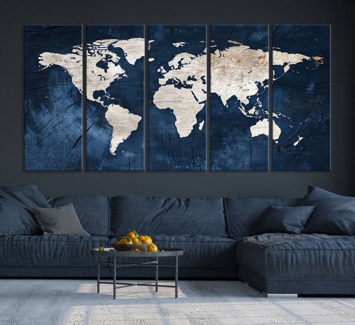 Vintage World Map Canvas Wall Art - Framed Map Print for Office Decor - Decorative Wooden Style World Map