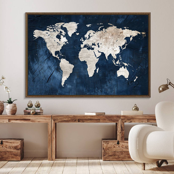 Vintage World Map Canvas Wall Art - Framed Map Print for Office Decor - Decorative Wooden Style World Map