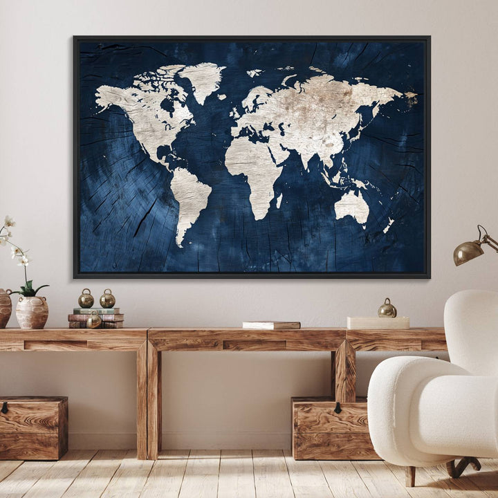 Modern living room featuring a Vintage World Map Canvas Art.