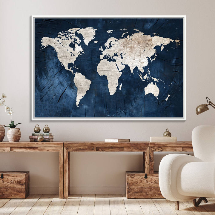 Modern living room featuring a Vintage World Map Canvas Art.