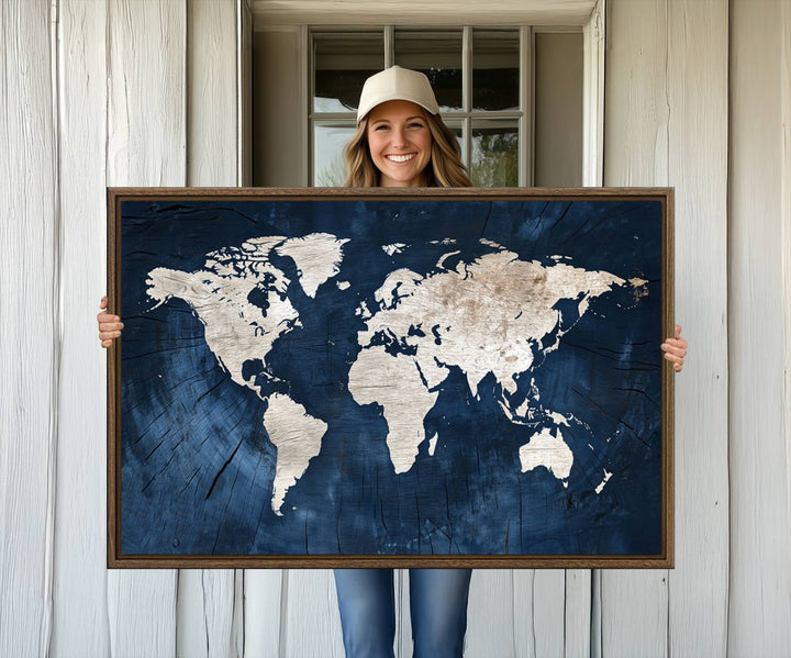 Modern living room featuring a Vintage World Map Canvas Art.