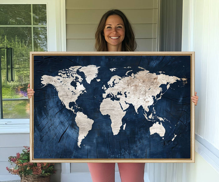 Modern living room featuring a Vintage World Map Canvas Art.