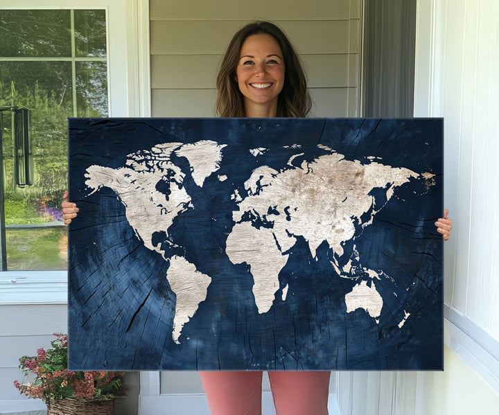 Vintage World Map Canvas Wall Art - Framed Map Print for Office Decor - Decorative Wooden Style World Map