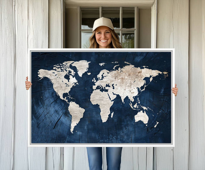 Modern living room featuring a Vintage World Map Canvas Art.