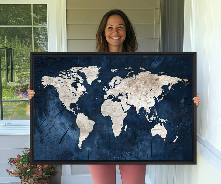Modern living room featuring a Vintage World Map Canvas Art.