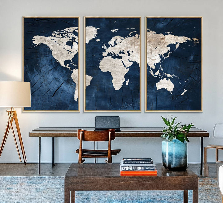 Modern living room featuring a Vintage World Map Canvas Art.