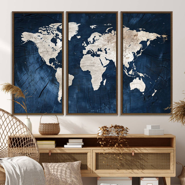 Modern living room featuring a Vintage World Map Canvas Art.