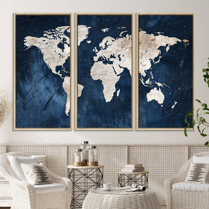 Modern living room featuring a Vintage World Map Canvas Art.