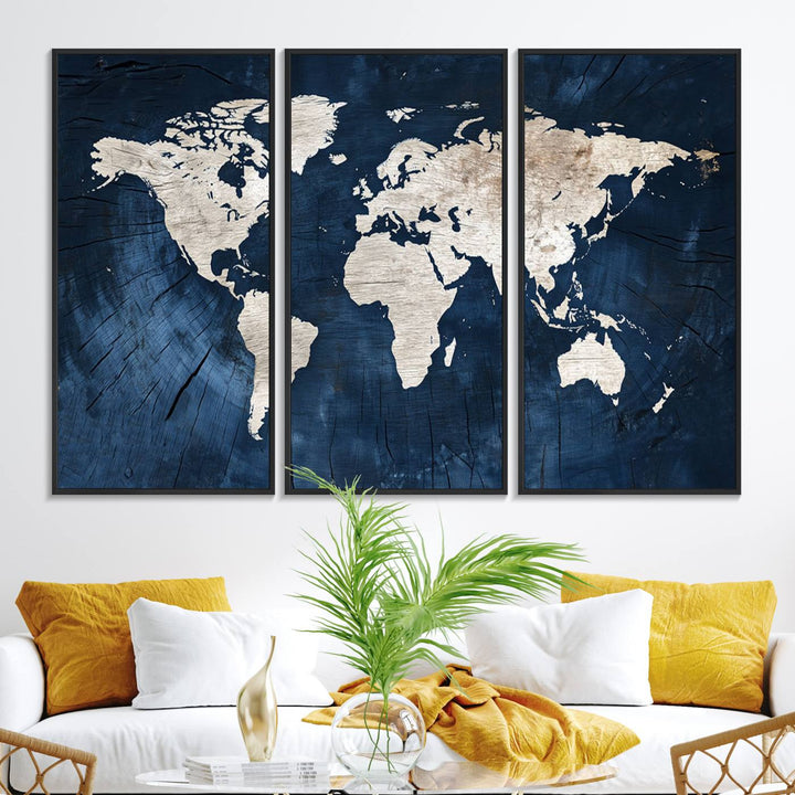 Modern living room featuring a Vintage World Map Canvas Art.