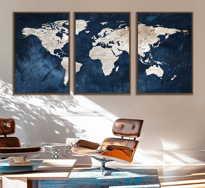 Modern living room featuring a Vintage World Map Canvas Art.