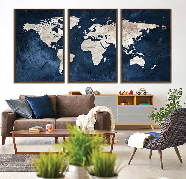 Modern living room featuring a Vintage World Map Canvas Art.