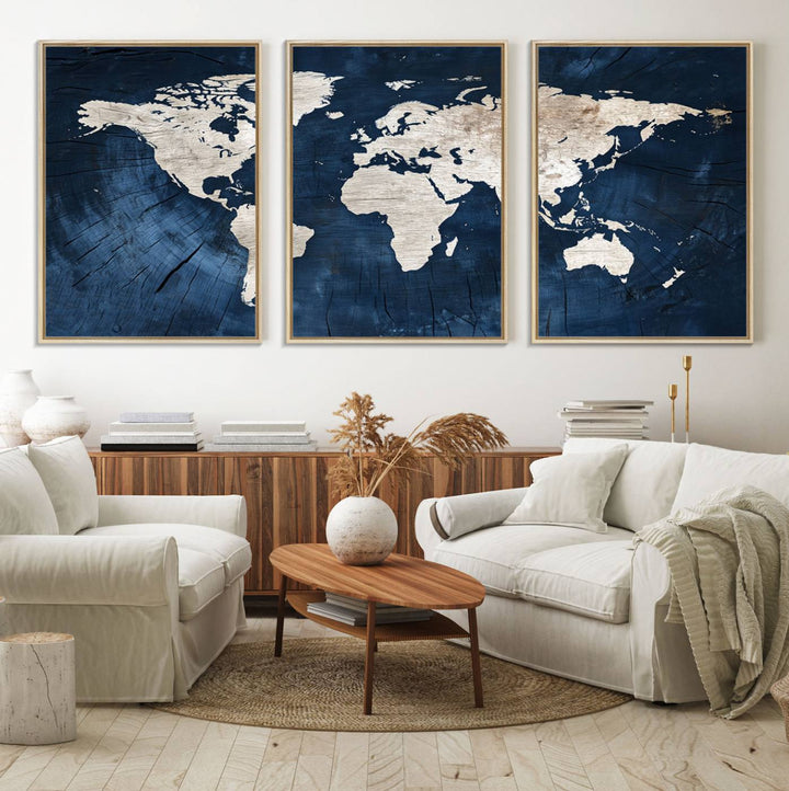 Modern living room featuring a Vintage World Map Canvas Art.