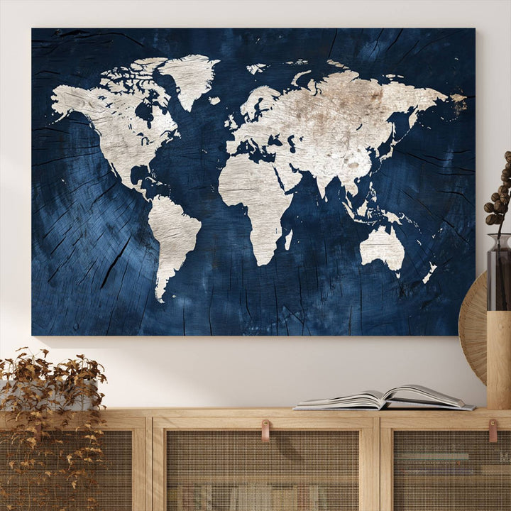 Vintage World Map Canvas Wall Art - Framed Map Print for Office Decor - Decorative Wooden Style World Map