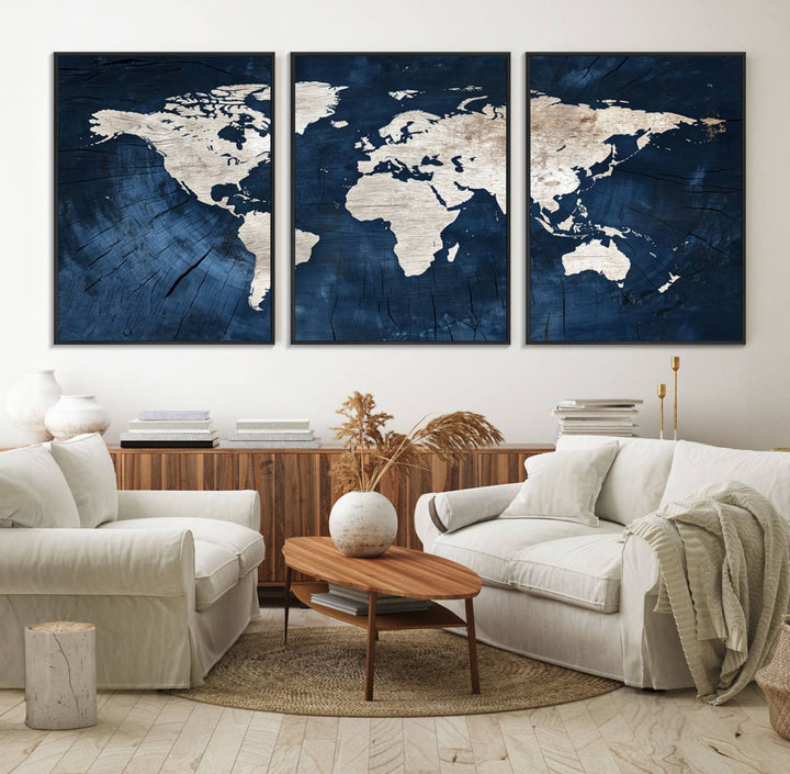 Modern living room featuring a Vintage World Map Canvas Art.