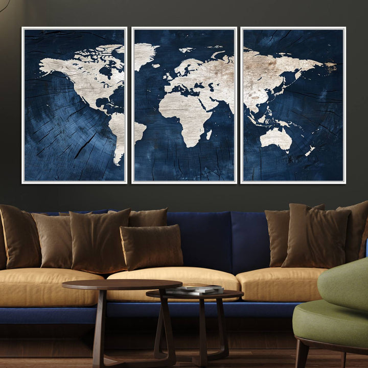 Modern living room featuring a Vintage World Map Canvas Art.