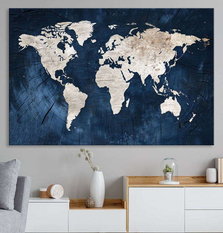 Vintage World Map Canvas Wall Art - Framed Map Print for Office Decor - Decorative Wooden Style World Map
