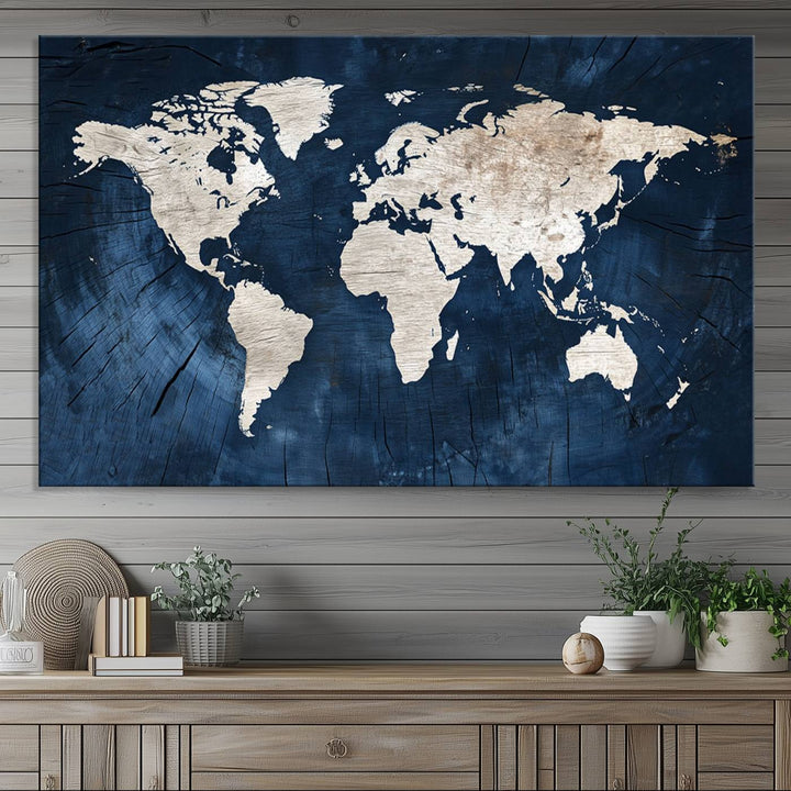 Vintage World Map Canvas Wall Art - Framed Map Print for Office Decor - Decorative Wooden Style World Map