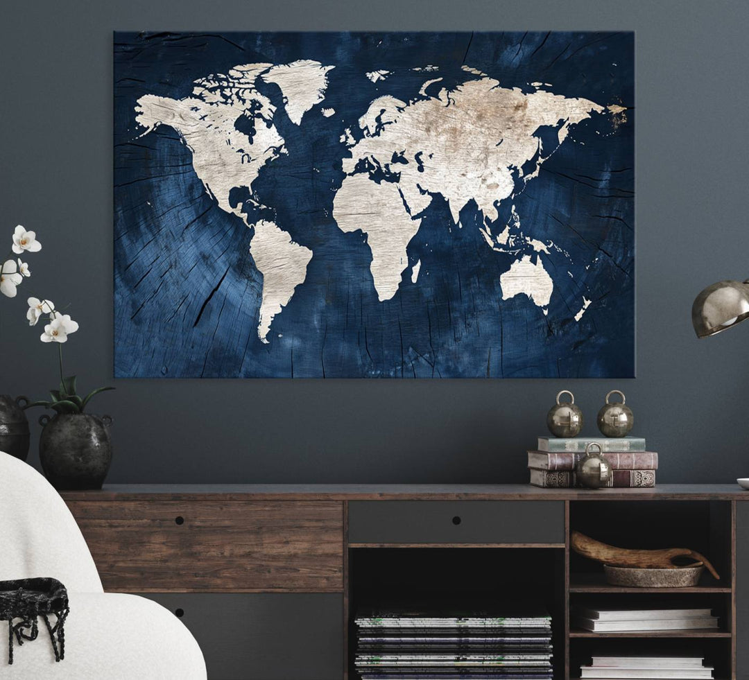 Vintage World Map Canvas Wall Art - Framed Map Print for Office Decor - Decorative Wooden Style World Map