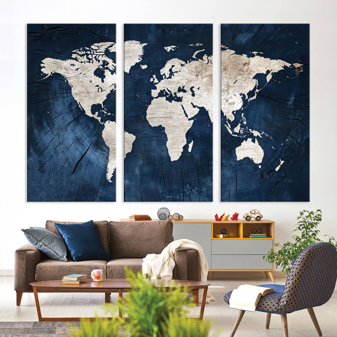 Vintage World Map Canvas Wall Art - Framed Map Print for Office Decor - Decorative Wooden Style World Map