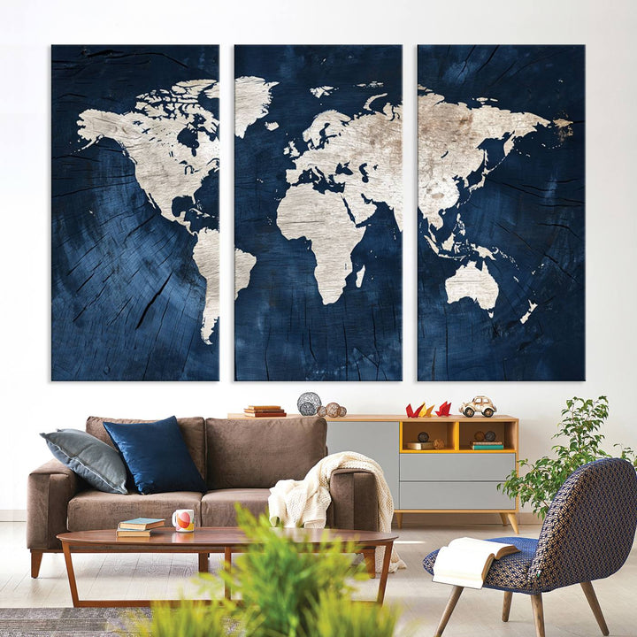 Vintage World Map Canvas Wall Art - Framed Map Print for Office Decor - Decorative Wooden Style World Map