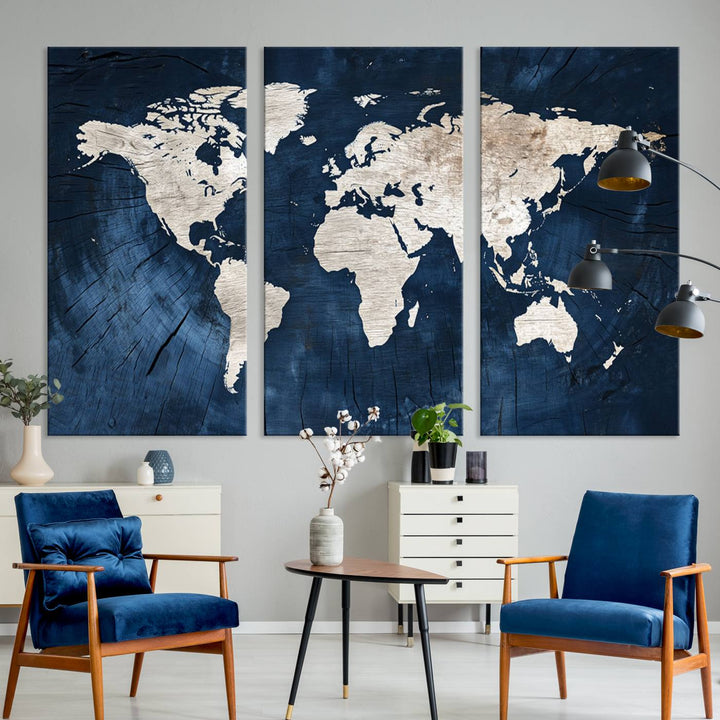 Vintage World Map Canvas Wall Art - Framed Map Print for Office Decor - Decorative Wooden Style World Map