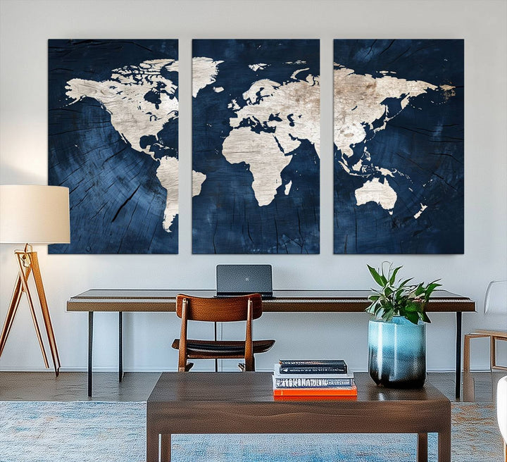Vintage World Map Canvas Wall Art - Framed Map Print for Office Decor - Decorative Wooden Style World Map