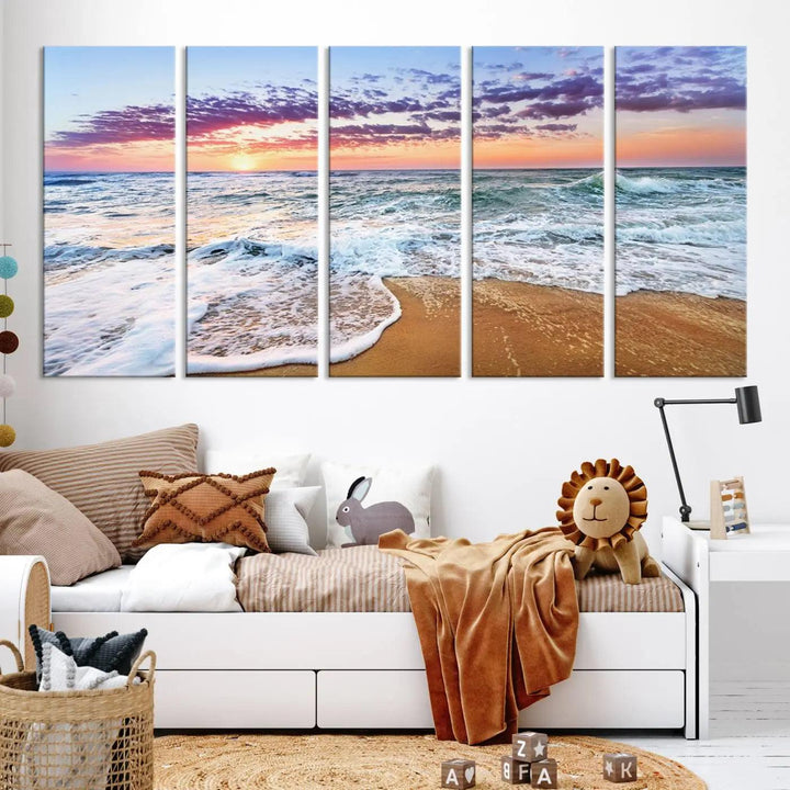 Vivid sunset ocean waves wall art, a triptych coastal canvas print for living rooms and relaxation spaces. Perfect for beach decor.