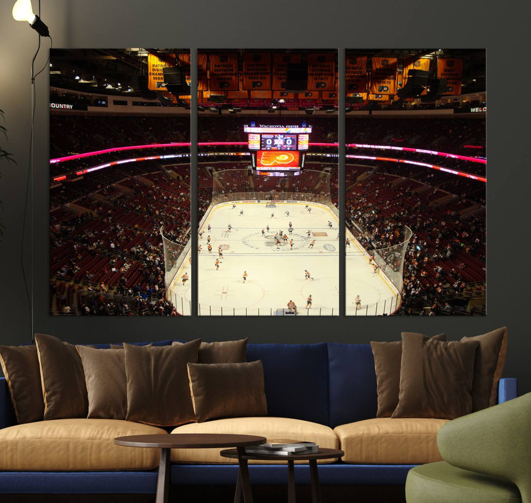 A scene of a hockey game at the Wachovia Center, captured from above, is rendered on museum-quality canvas. This high-resolution print brings every detail of the Priort of Lyers Game Ice Hockey Stadium to life with vivid accuracy.