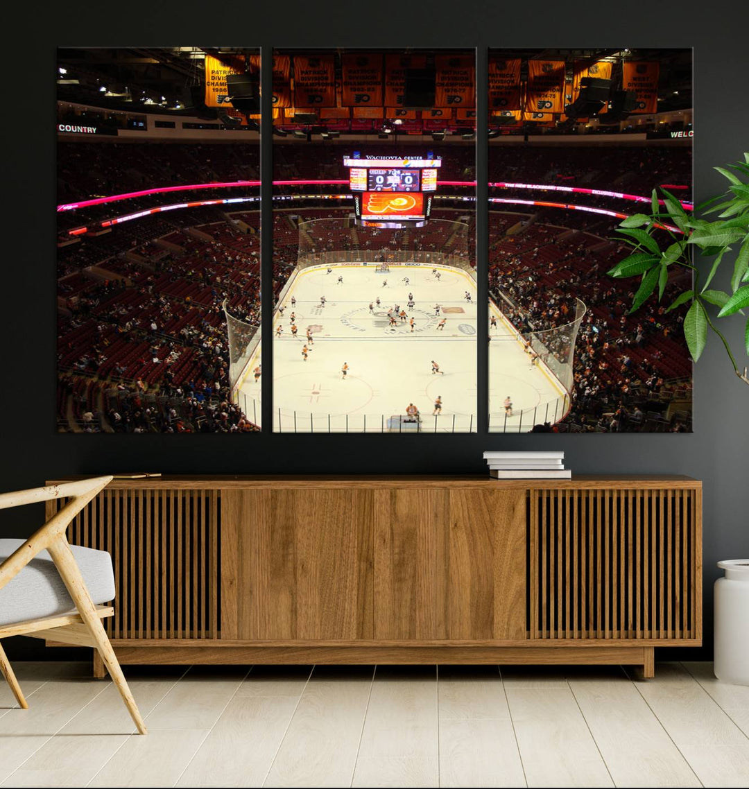 A scene of a hockey game at the Wachovia Center, captured from above, is rendered on museum-quality canvas. This high-resolution print brings every detail of the Priort of Lyers Game Ice Hockey Stadium to life with vivid accuracy.