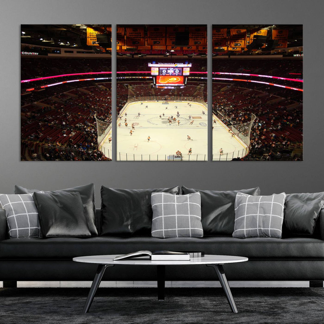 A scene of a hockey game at the Wachovia Center, captured from above, is rendered on museum-quality canvas. This high-resolution print brings every detail of the Priort of Lyers Game Ice Hockey Stadium to life with vivid accuracy.