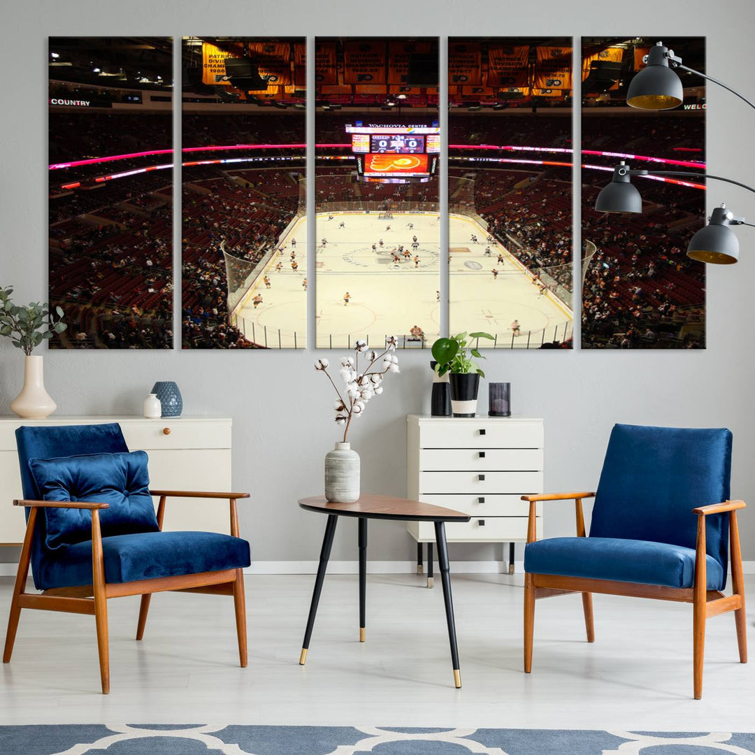 A scene of a hockey game at the Wachovia Center, captured from above, is rendered on museum-quality canvas. This high-resolution print brings every detail of the Priort of Lyers Game Ice Hockey Stadium to life with vivid accuracy.