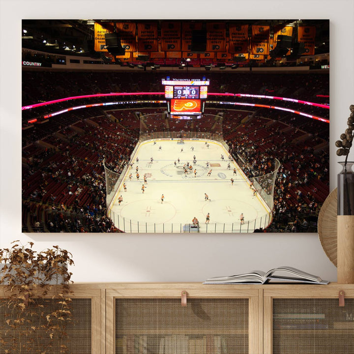 A scene of a hockey game at the Wachovia Center, captured from above, is rendered on museum-quality canvas. This high-resolution print brings every detail of the Priort of Lyers Game Ice Hockey Stadium to life with vivid accuracy.