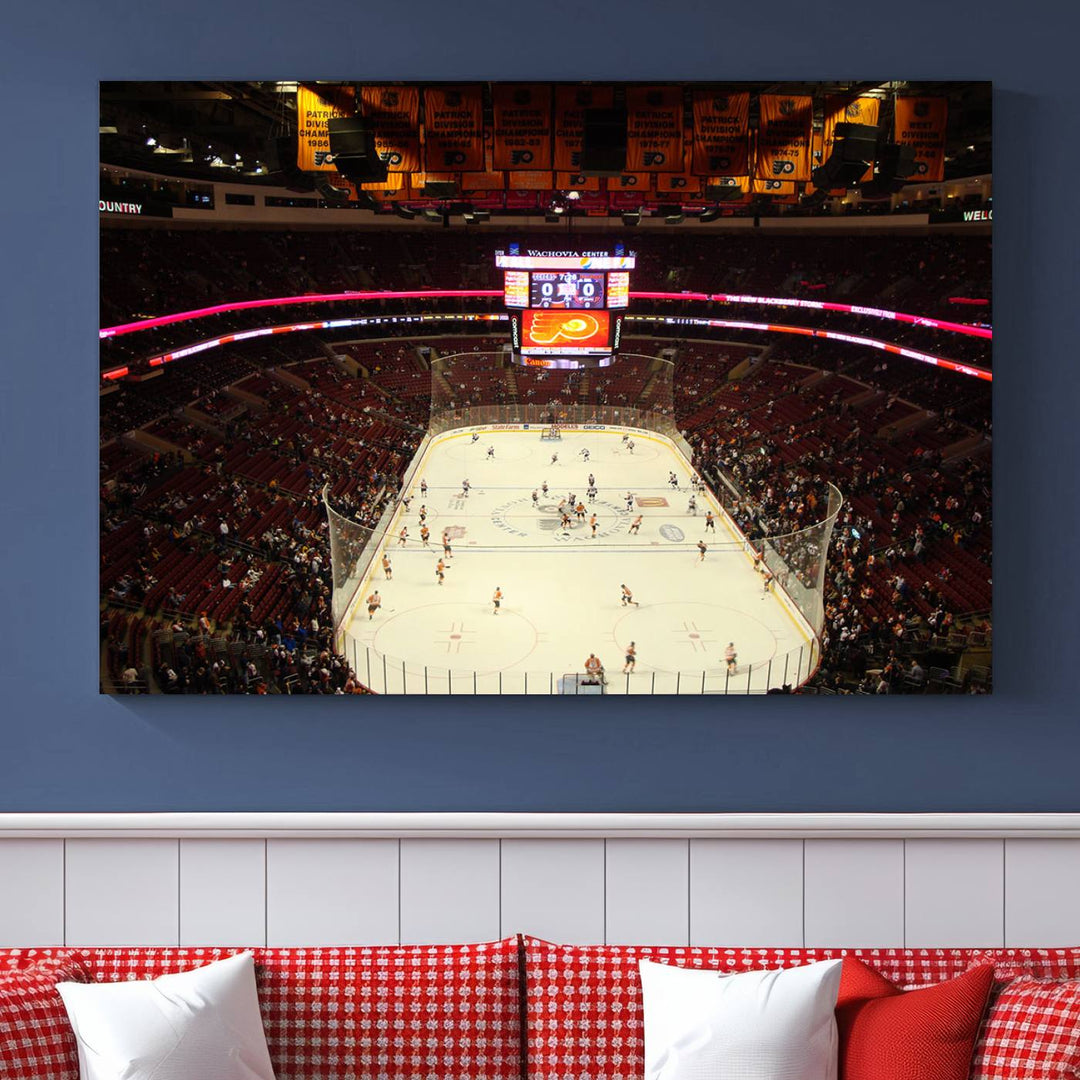 A scene of a hockey game at the Wachovia Center, captured from above, is rendered on museum-quality canvas. This high-resolution print brings every detail of the Priort of Lyers Game Ice Hockey Stadium to life with vivid accuracy.