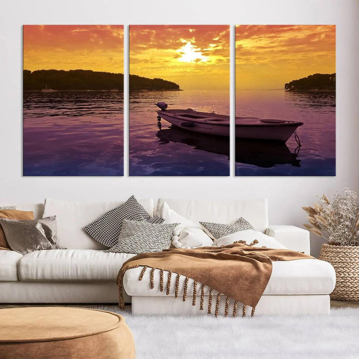 The wall art showcases a calming scene of a boat on water beneath a purple sea and yellow sky, featuring a museum-quality canvas print that's ready to hang.