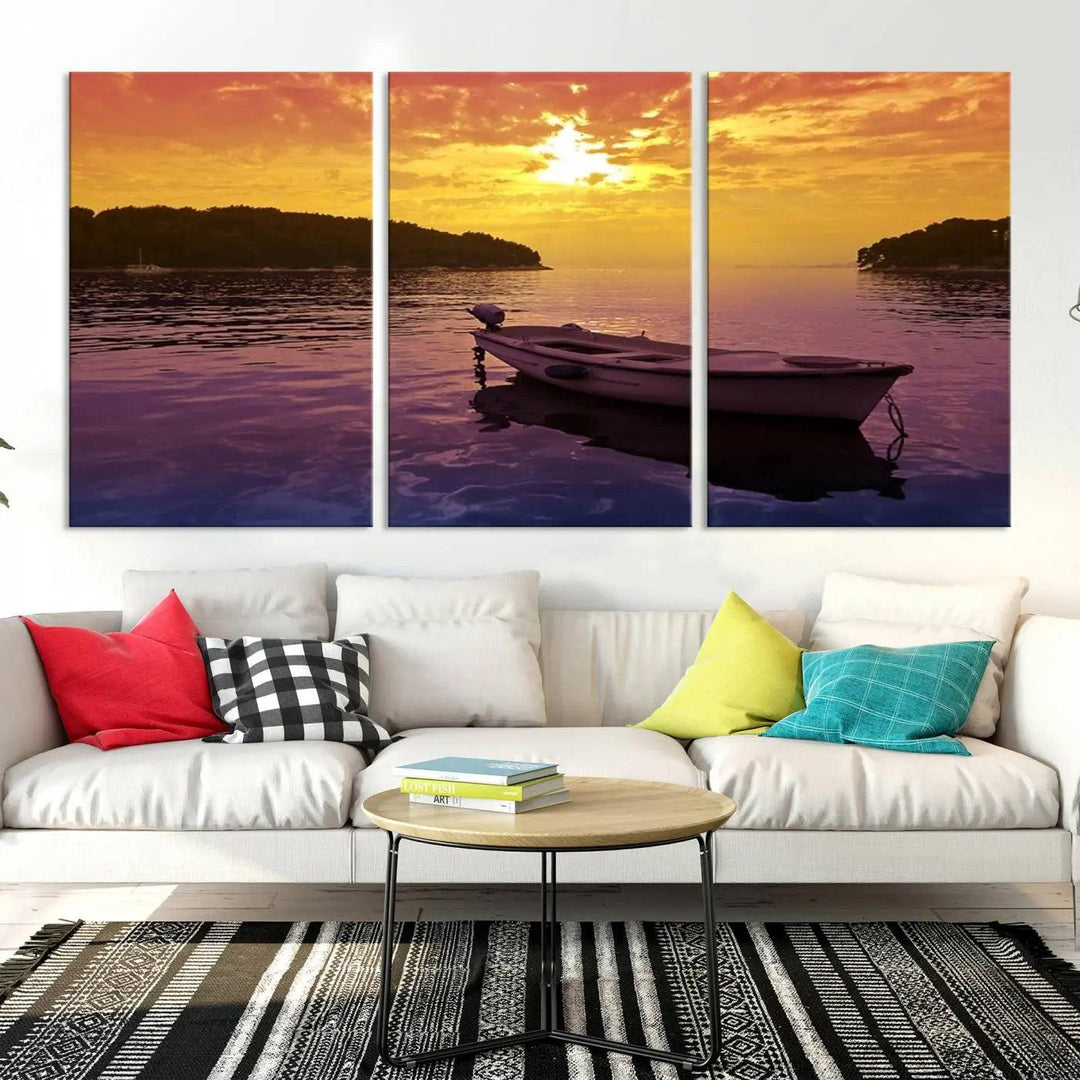 The wall art showcases a calming scene of a boat on water beneath a purple sea and yellow sky, featuring a museum-quality canvas print that's ready to hang.