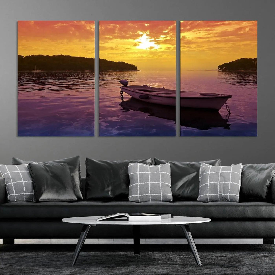 The wall art showcases a calming scene of a boat on water beneath a purple sea and yellow sky, featuring a museum-quality canvas print that's ready to hang.