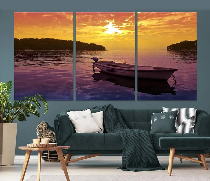 The wall art showcases a calming scene of a boat on water beneath a purple sea and yellow sky, featuring a museum-quality canvas print that's ready to hang.