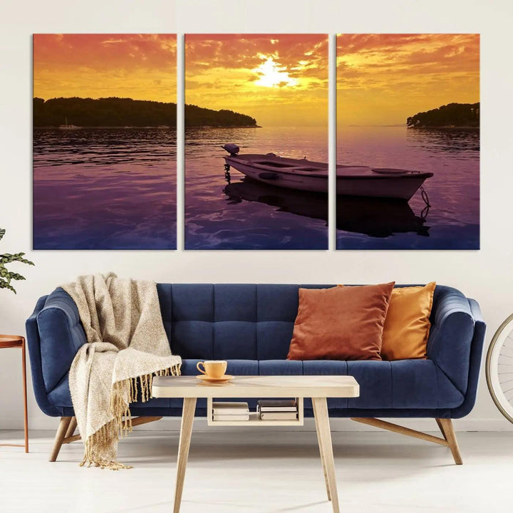 The wall art showcases a calming scene of a boat on water beneath a purple sea and yellow sky, featuring a museum-quality canvas print that's ready to hang.