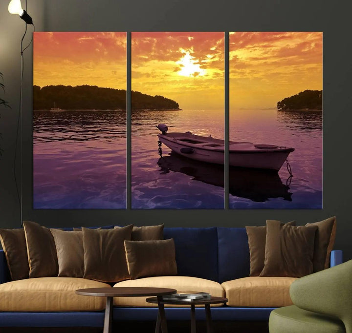 The wall art showcases a calming scene of a boat on water beneath a purple sea and yellow sky, featuring a museum-quality canvas print that's ready to hang.