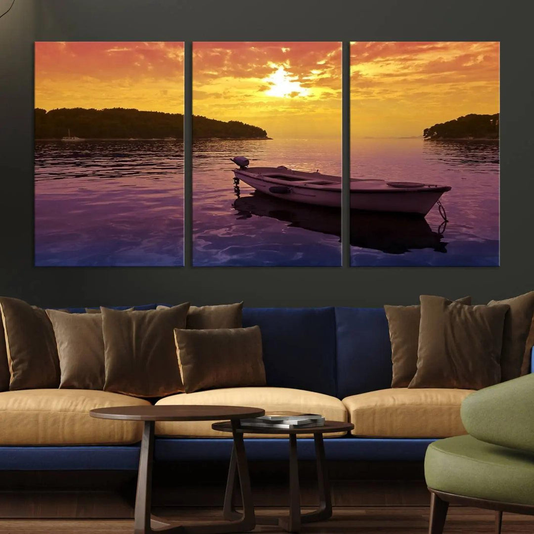 The wall art showcases a calming scene of a boat on water beneath a purple sea and yellow sky, featuring a museum-quality canvas print that's ready to hang.