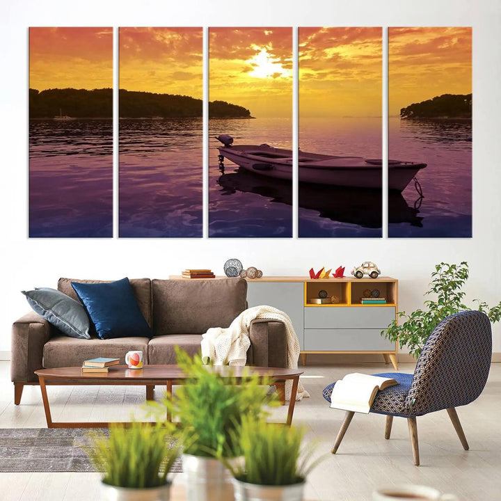 The wall art showcases a calming scene of a boat on water beneath a purple sea and yellow sky, featuring a museum-quality canvas print that's ready to hang.