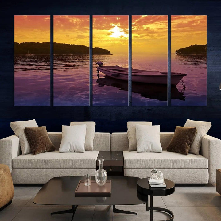 The wall art showcases a calming scene of a boat on water beneath a purple sea and yellow sky, featuring a museum-quality canvas print that's ready to hang.