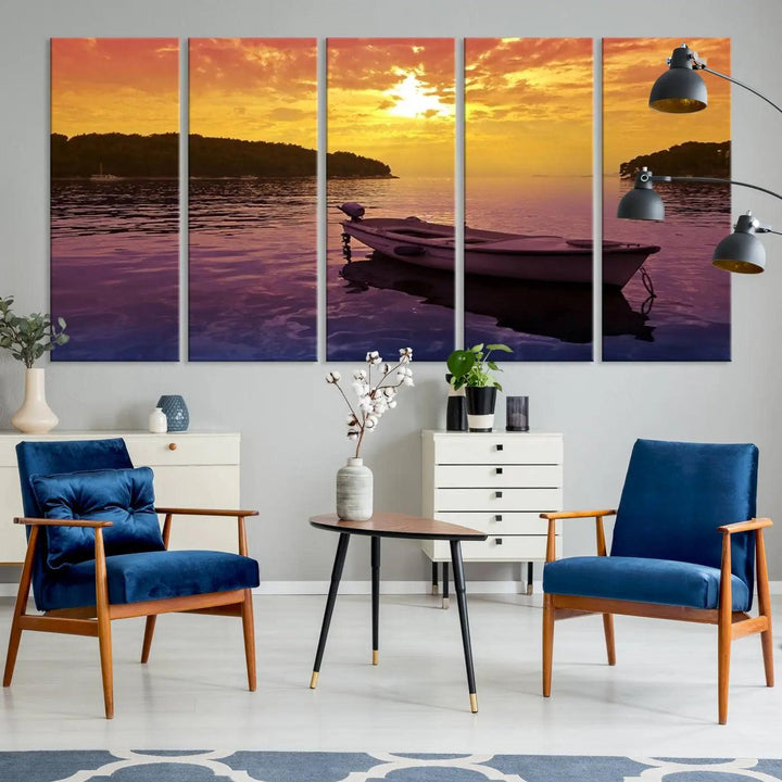 The wall art showcases a calming scene of a boat on water beneath a purple sea and yellow sky, featuring a museum-quality canvas print that's ready to hang.