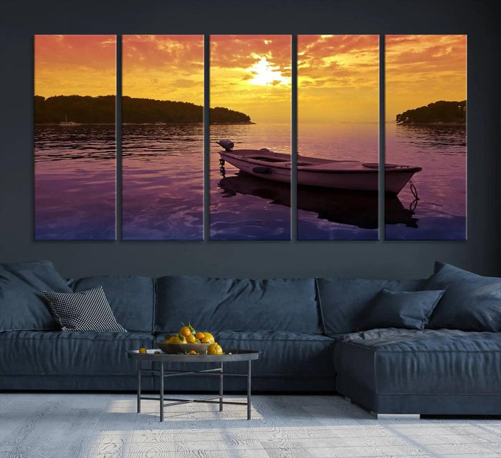 The wall art showcases a calming scene of a boat on water beneath a purple sea and yellow sky, featuring a museum-quality canvas print that's ready to hang.